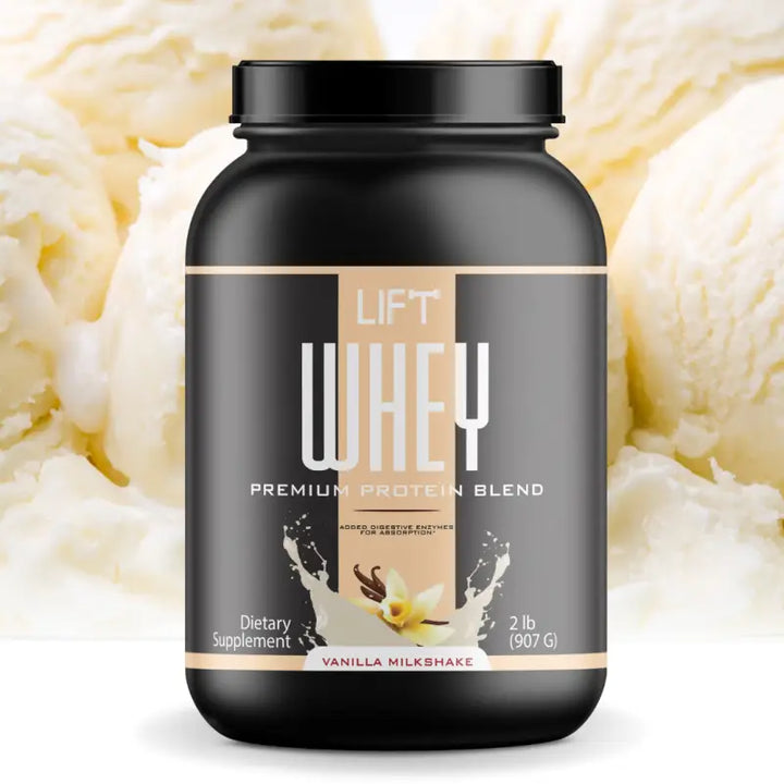 Black container of ’Lift Whey’ premium protein blend with vanilla milkshake flavor.