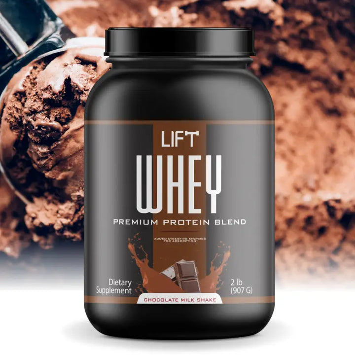 Black container of ’LIFT WHEY’ premium protein blend in chocolate milk shake flavor.
