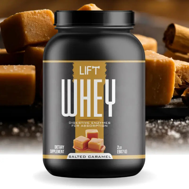 Black container of ’Lift Whey’ protein powder in salted caramel flavor.