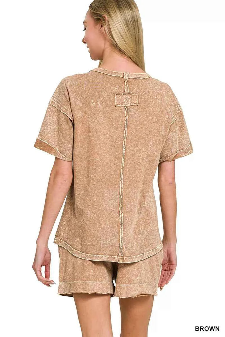 Zenana Halo Snow Washed Exposed Seam Top &amp; Shorts Set