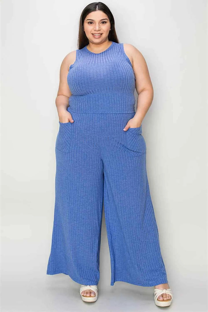 Full Size Ribbed Tank and Wide Leg Pants Set for Effortless Chic Style