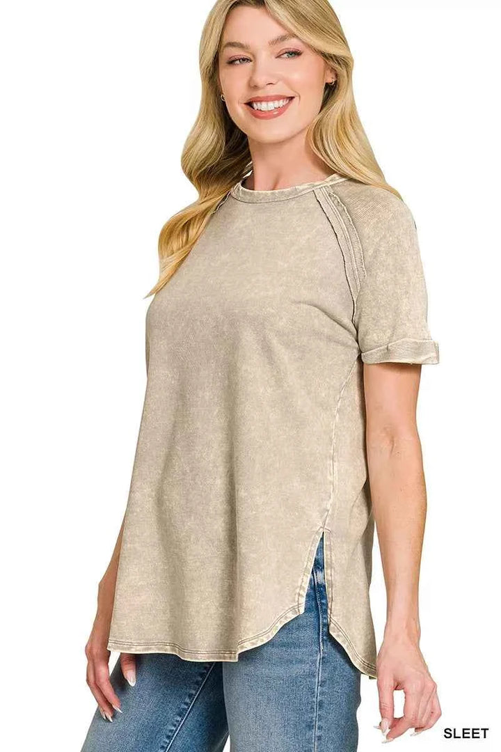 Zenana French Terry Washed Curved Hem Top