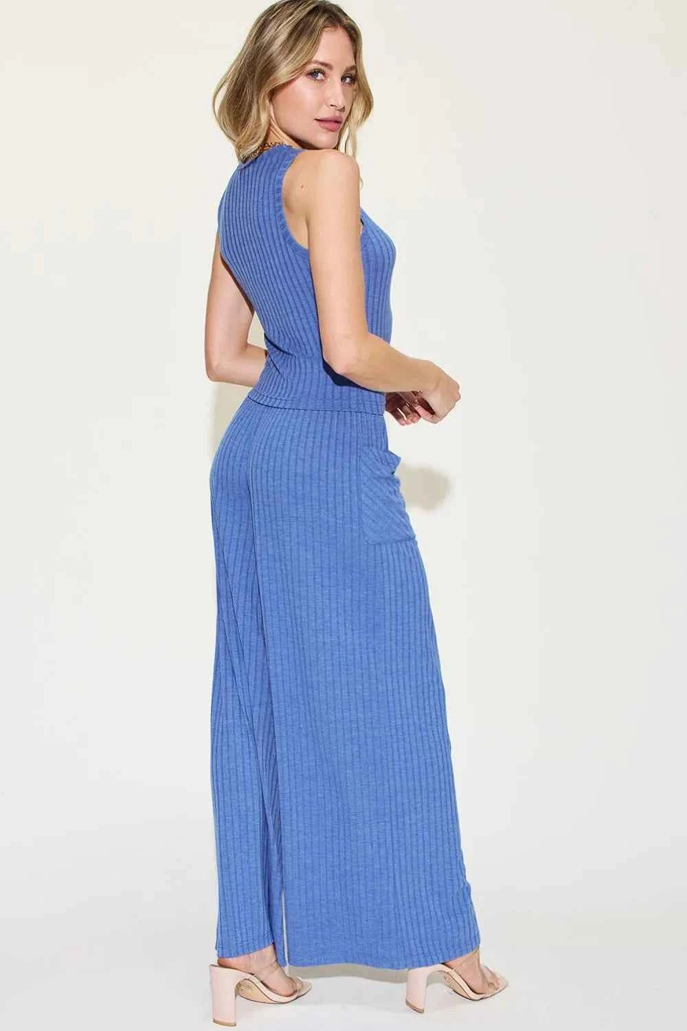 Full Size Ribbed Tank and Wide Leg Pants Set for Effortless Chic Style