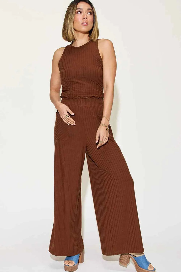 Full Size Ribbed Tank and Wide Leg Pants Set for Effortless Chic Style