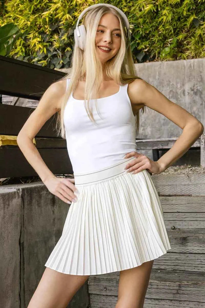 Woven High Waist Knife-Pleat Mini Skirt Lined Inner Pants