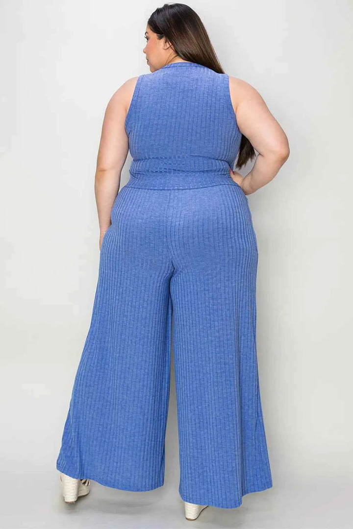 Full Size Ribbed Tank and Wide Leg Pants Set for Effortless Chic Style