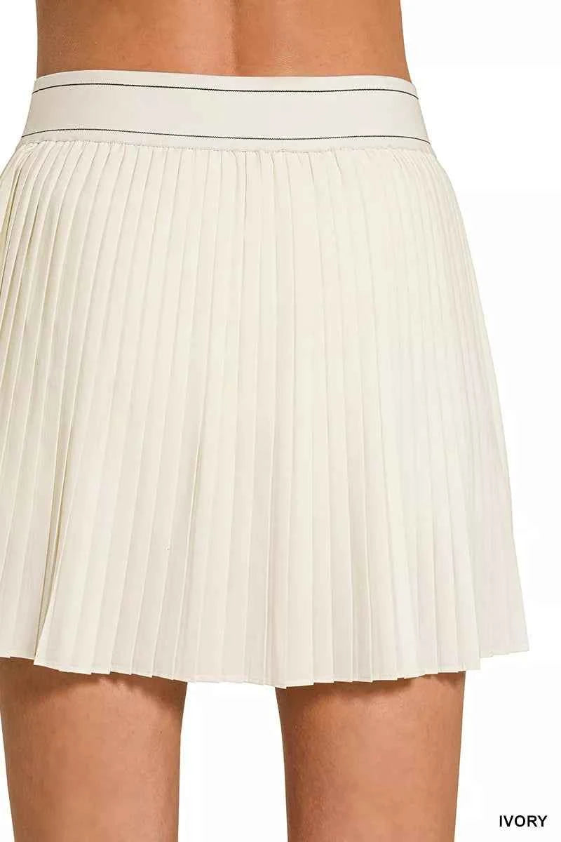 Woven High Waist Knife-Pleat Mini Skirt Lined Inner Pants