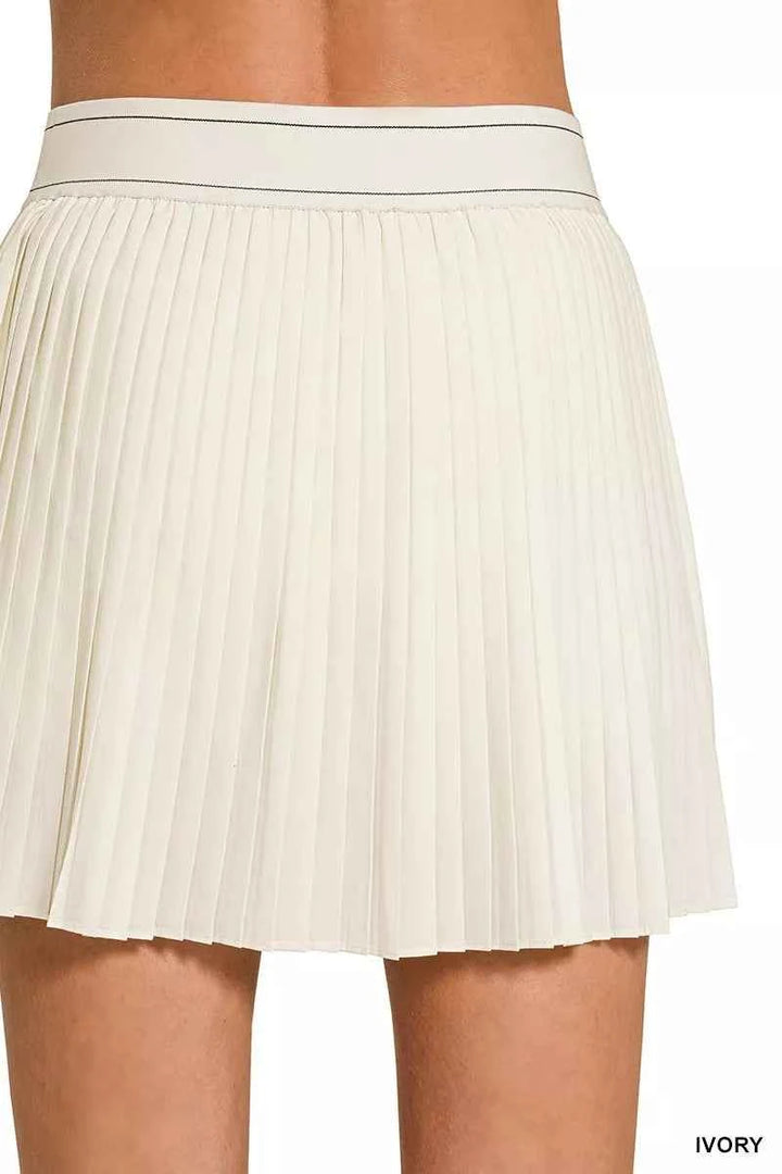 Woven High Waist Knife-Pleat Mini Skirt Lined Inner Pants