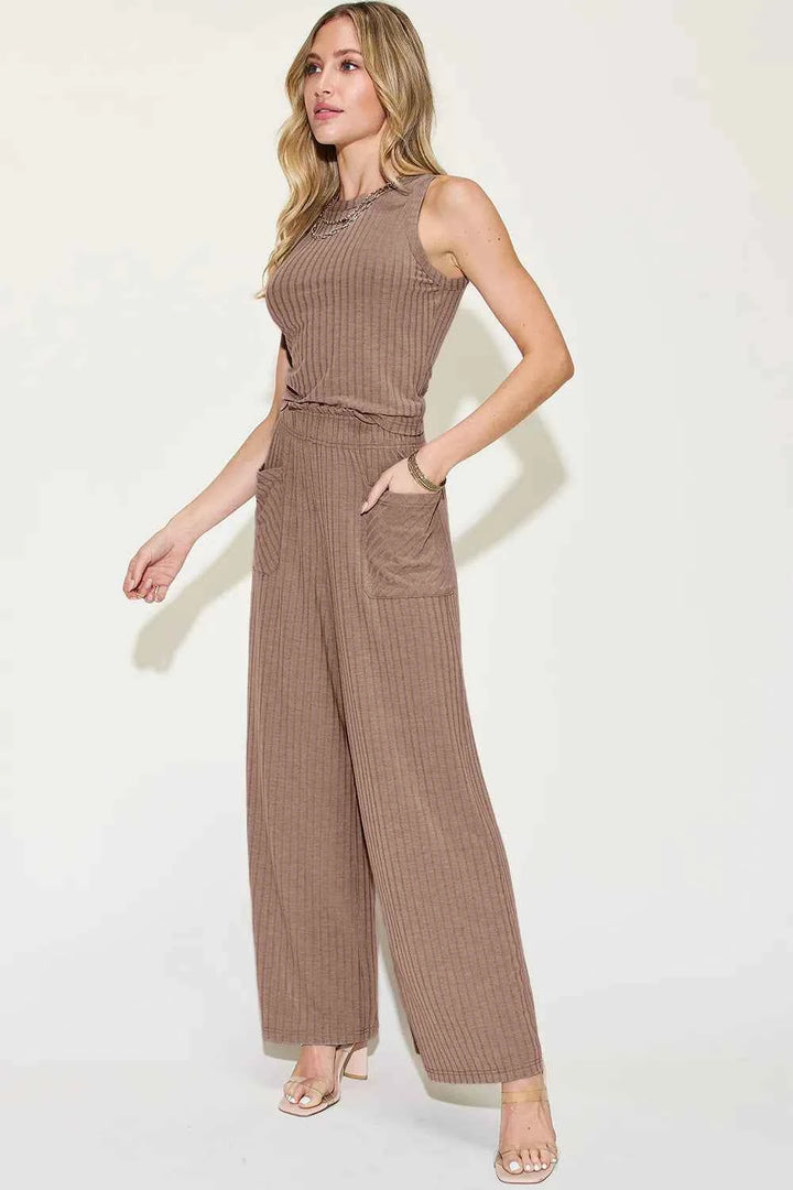 Full Size Ribbed Tank and Wide Leg Pants Set for Effortless Chic Style