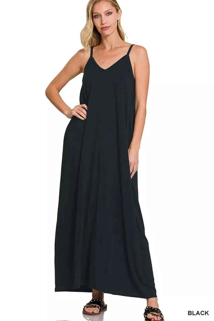 Zenana V-Neck Cami Maxi Dress with Side Pockets