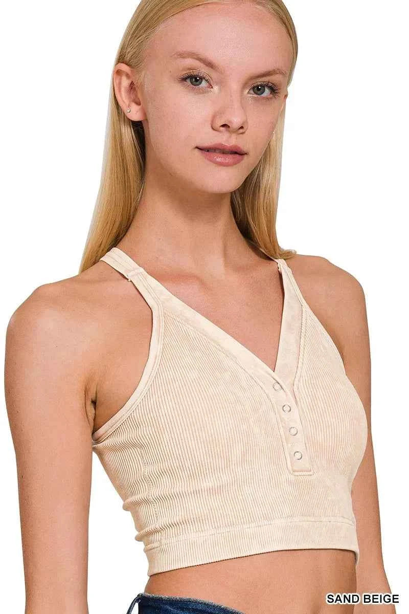 Zenana Washed Ribbed Seamless Button V-neck Tank Top