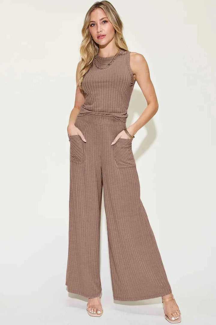Full Size Ribbed Tank and Wide Leg Pants Set for Effortless Chic Style