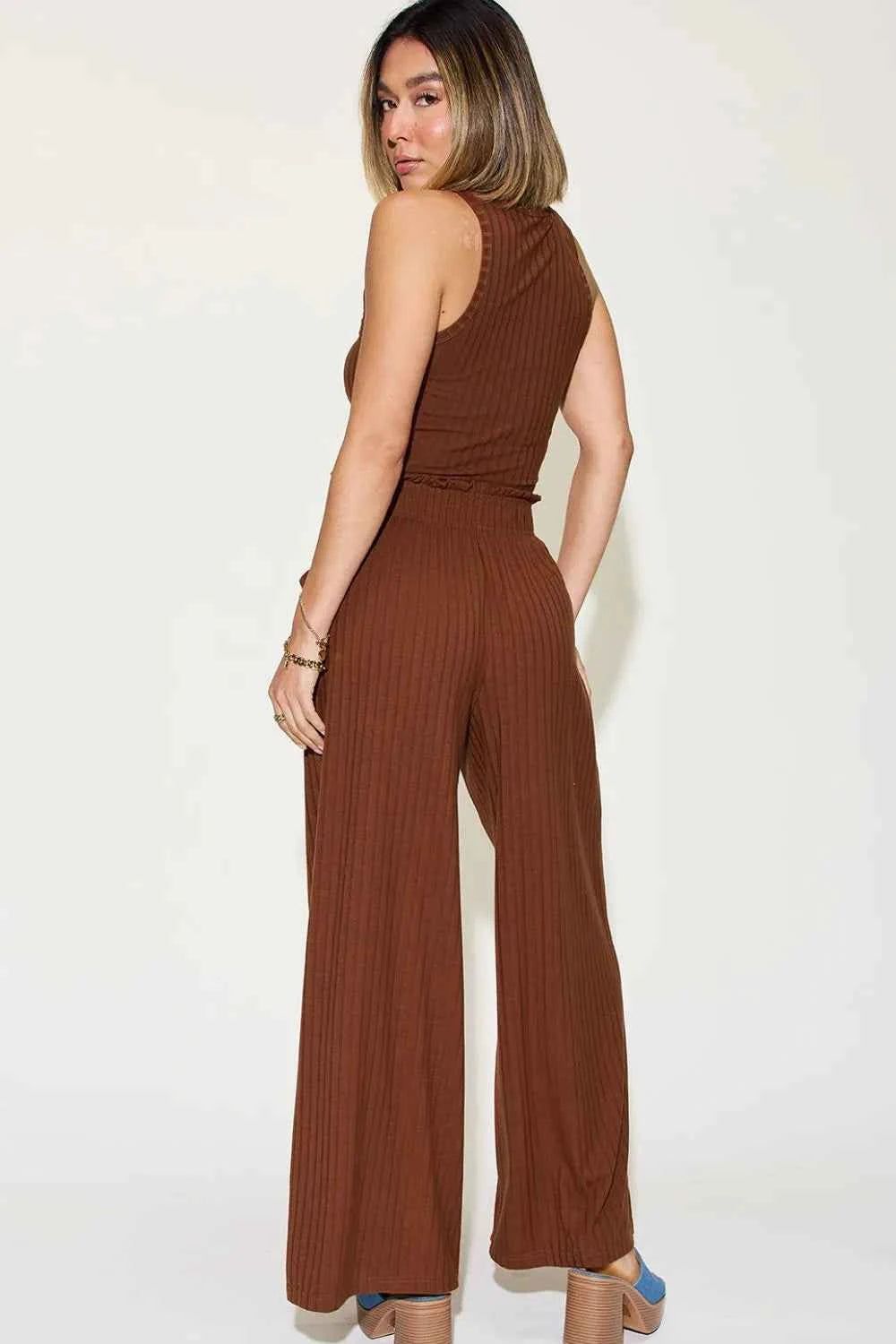 Full Size Ribbed Tank and Wide Leg Pants Set for Effortless Chic Style