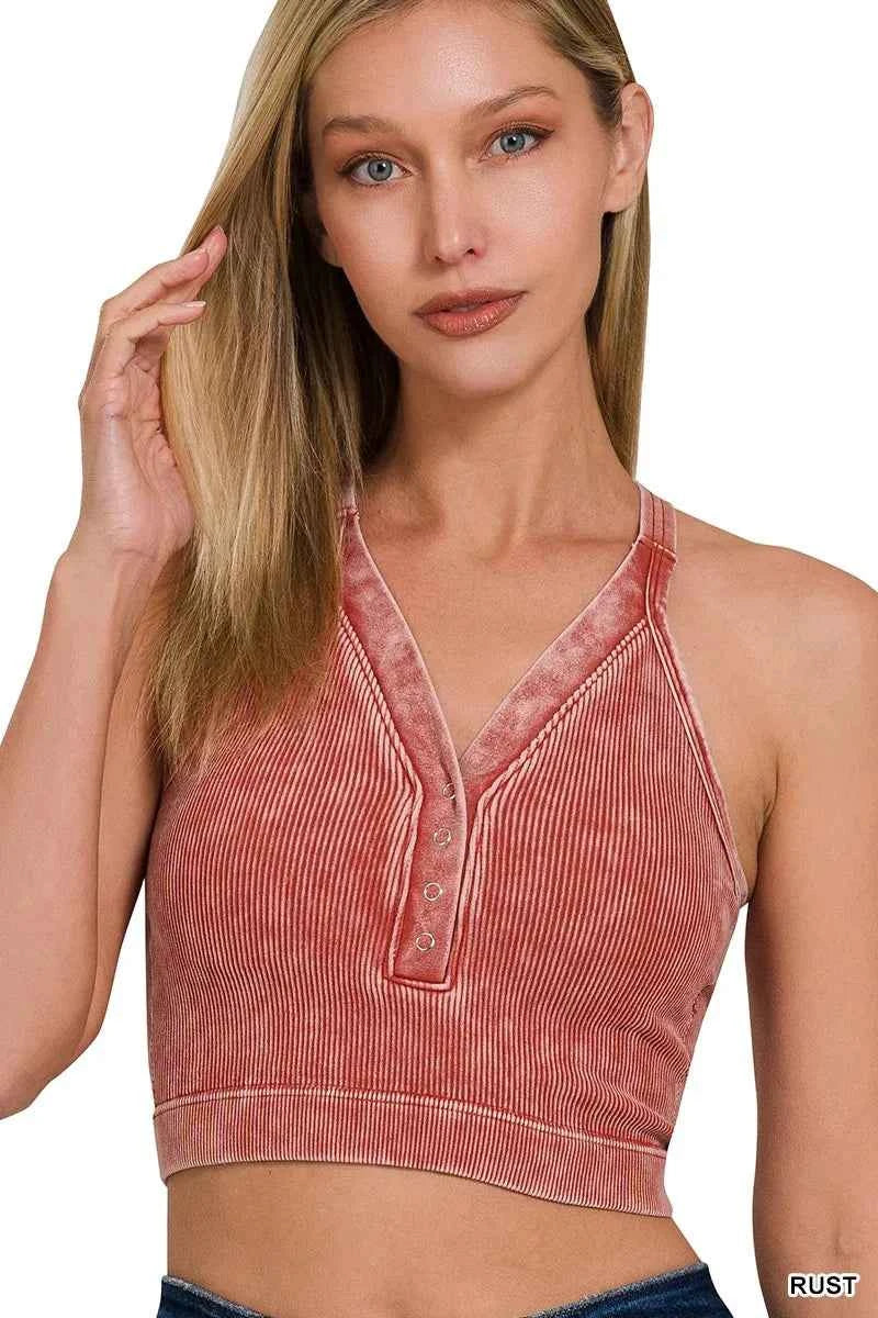 Washed Ribbed Seamless Button V-neck Tank Top