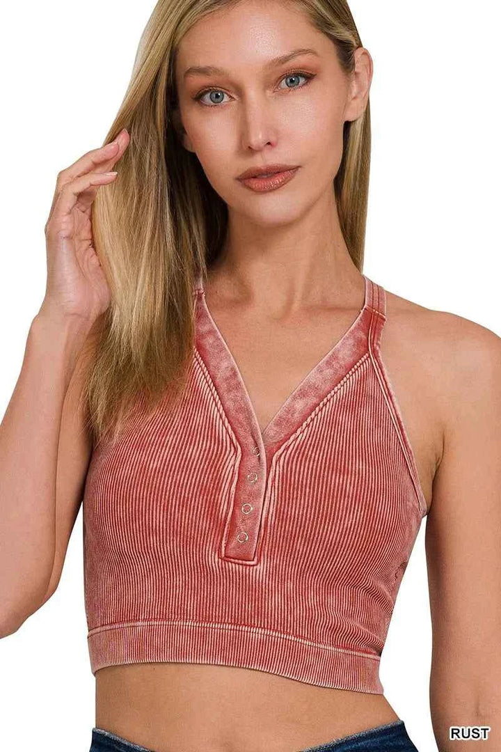 Washed Ribbed Seamless Button V-neck Tank Top