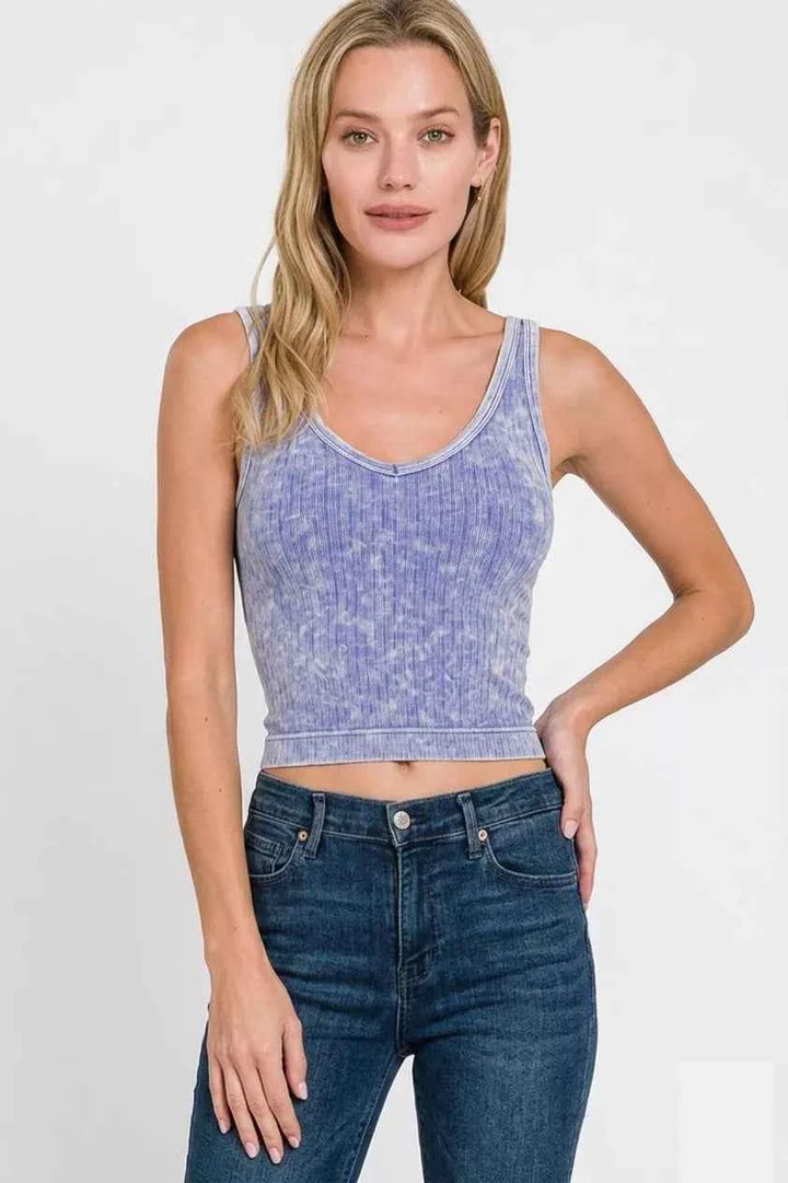 Washed Ribbed Seamless Cropped V-neck Tank Top