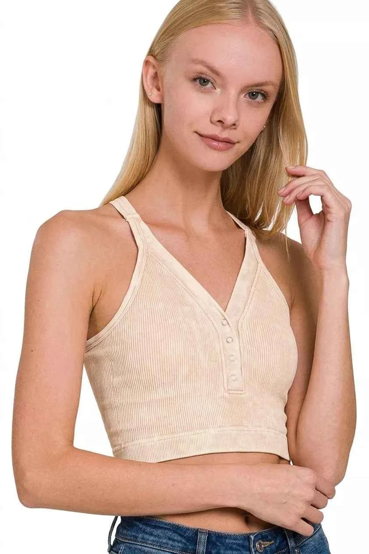 Zenana Washed Ribbed Seamless Button V-neck Tank Top