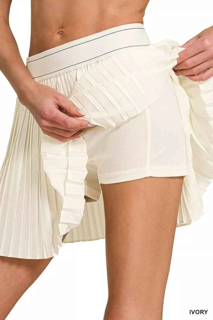 Woven High Waist Knife-Pleat Mini Skirt Lined Inner Pants