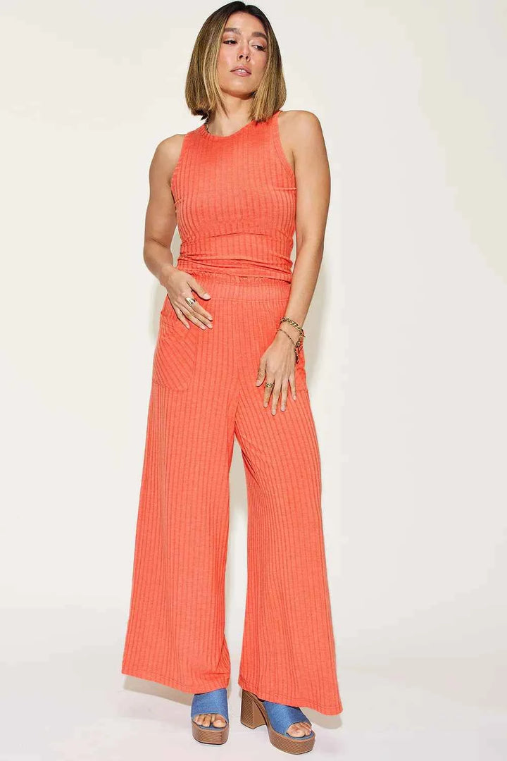 Full Size Ribbed Tank and Wide Leg Pants Set for Effortless Chic Style