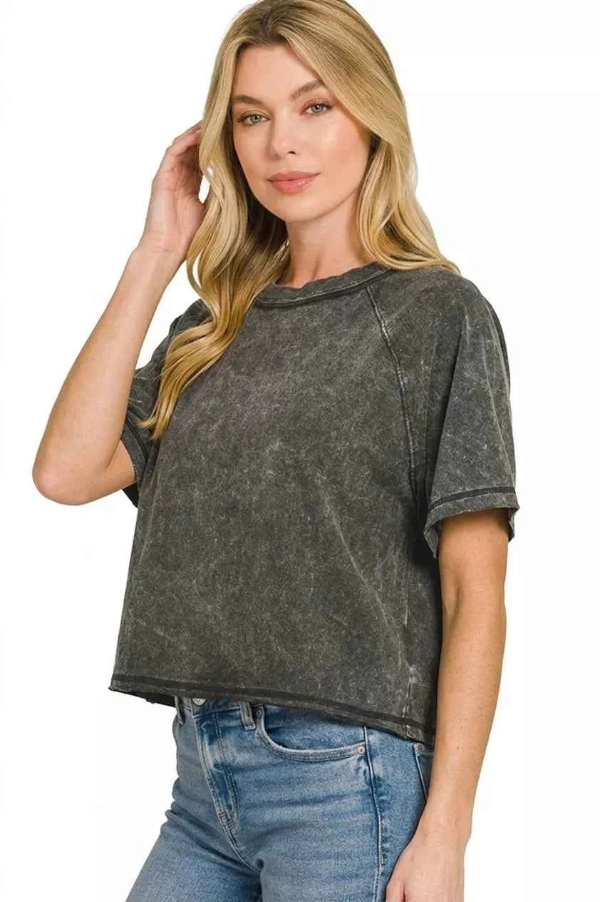 Acid Washed Round Neck Crop Tee - Trendy Casual Style Essential