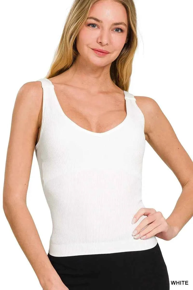 Zenana Ribbed Seamless Bra Padded V-neck Tank Top