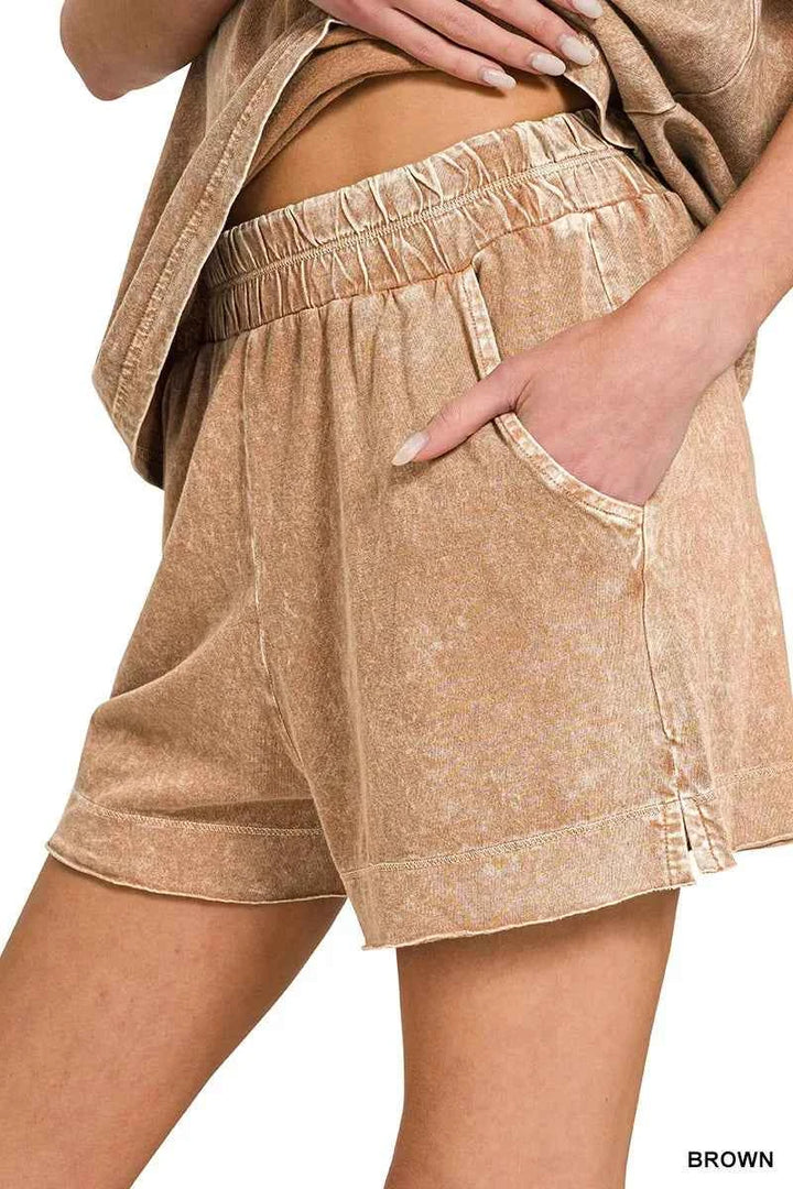 Zenana Halo Snow Washed Exposed Seam Top &amp; Shorts Set