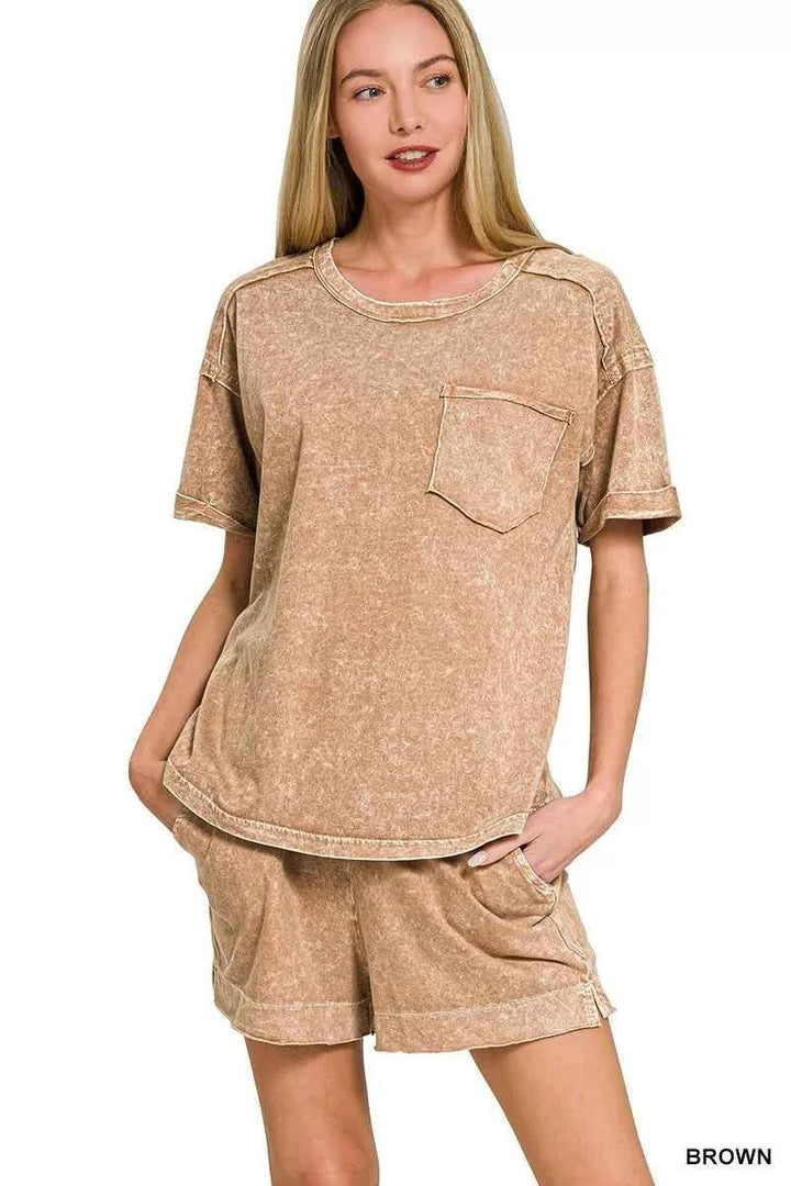 Zenana Halo Snow Washed Exposed Seam Top &amp; Shorts Set