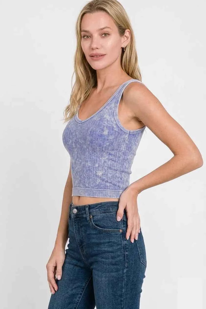 Washed Ribbed Seamless Cropped V-neck Tank Top