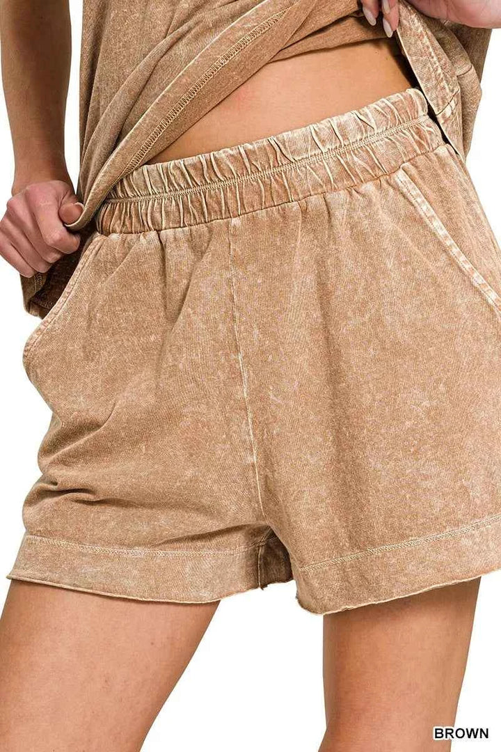 Zenana Halo Snow Washed Exposed Seam Top &amp; Shorts Set