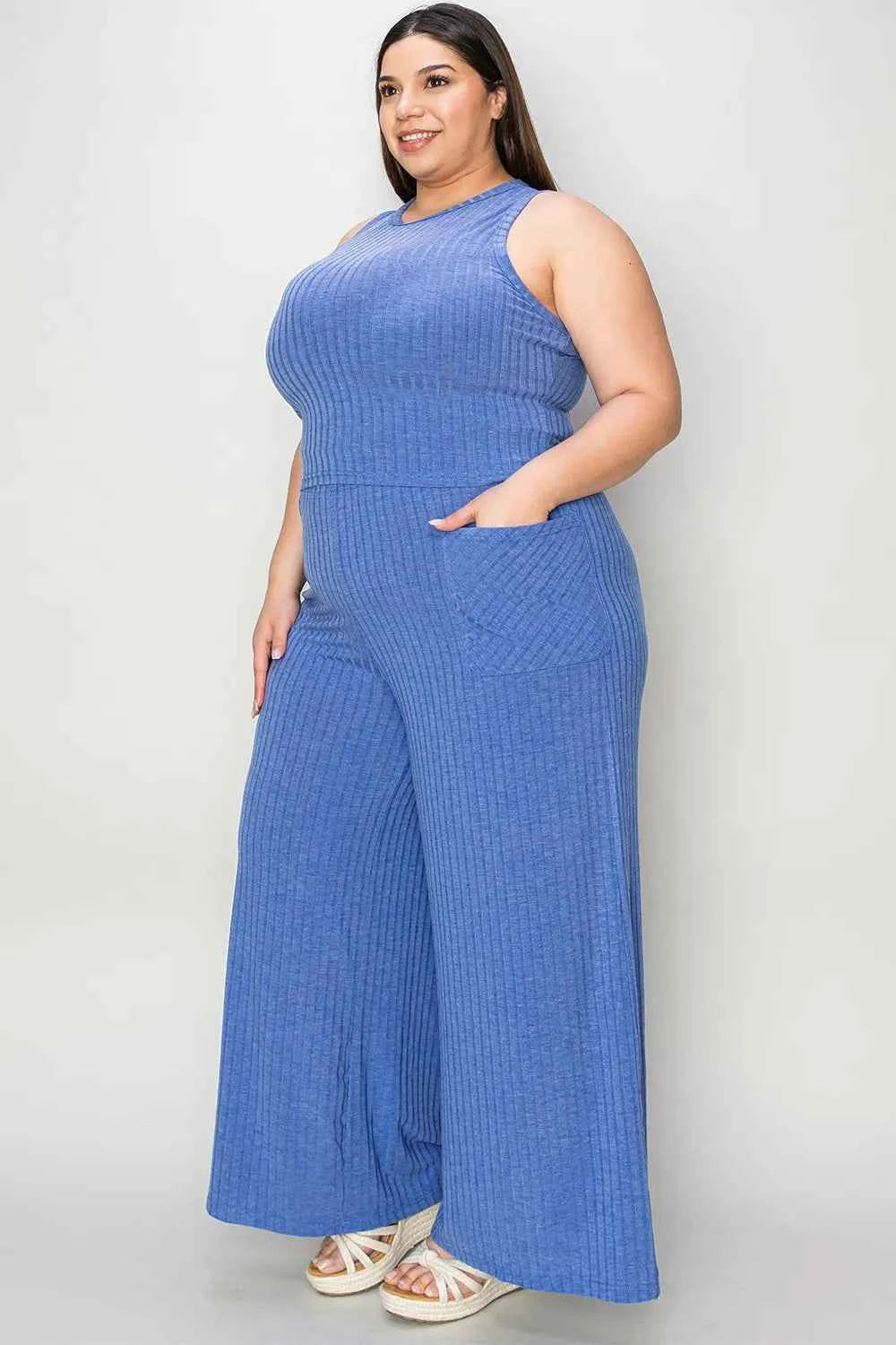 Full Size Ribbed Tank and Wide Leg Pants Set for Effortless Chic Style