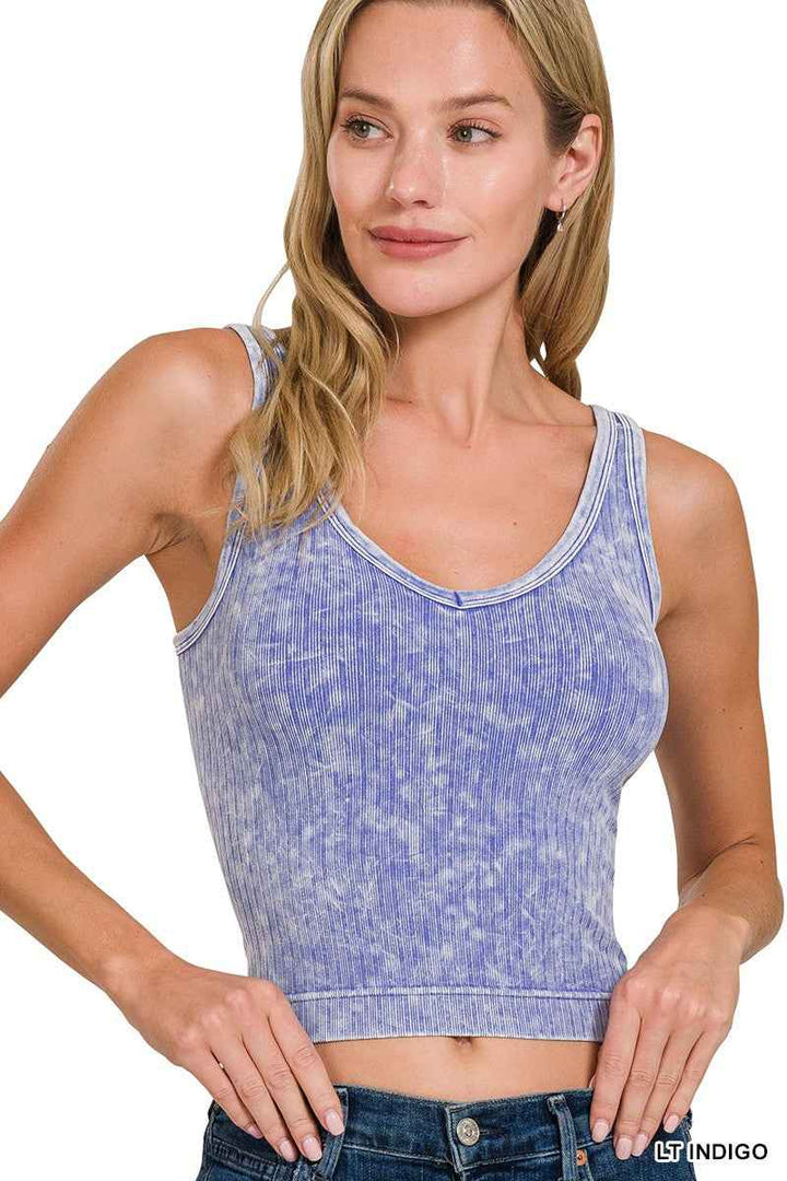 Washed Ribbed Seamless Cropped V-neck Tank Top