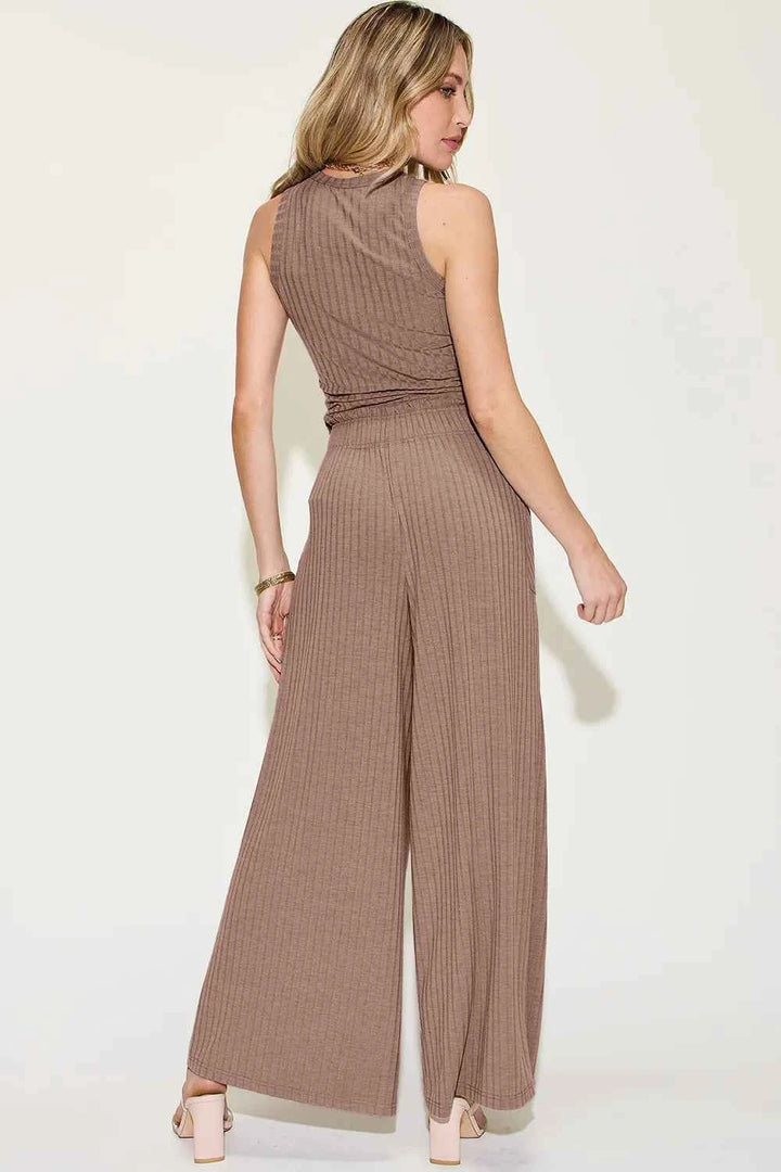 Full Size Ribbed Tank and Wide Leg Pants Set for Effortless Chic Style