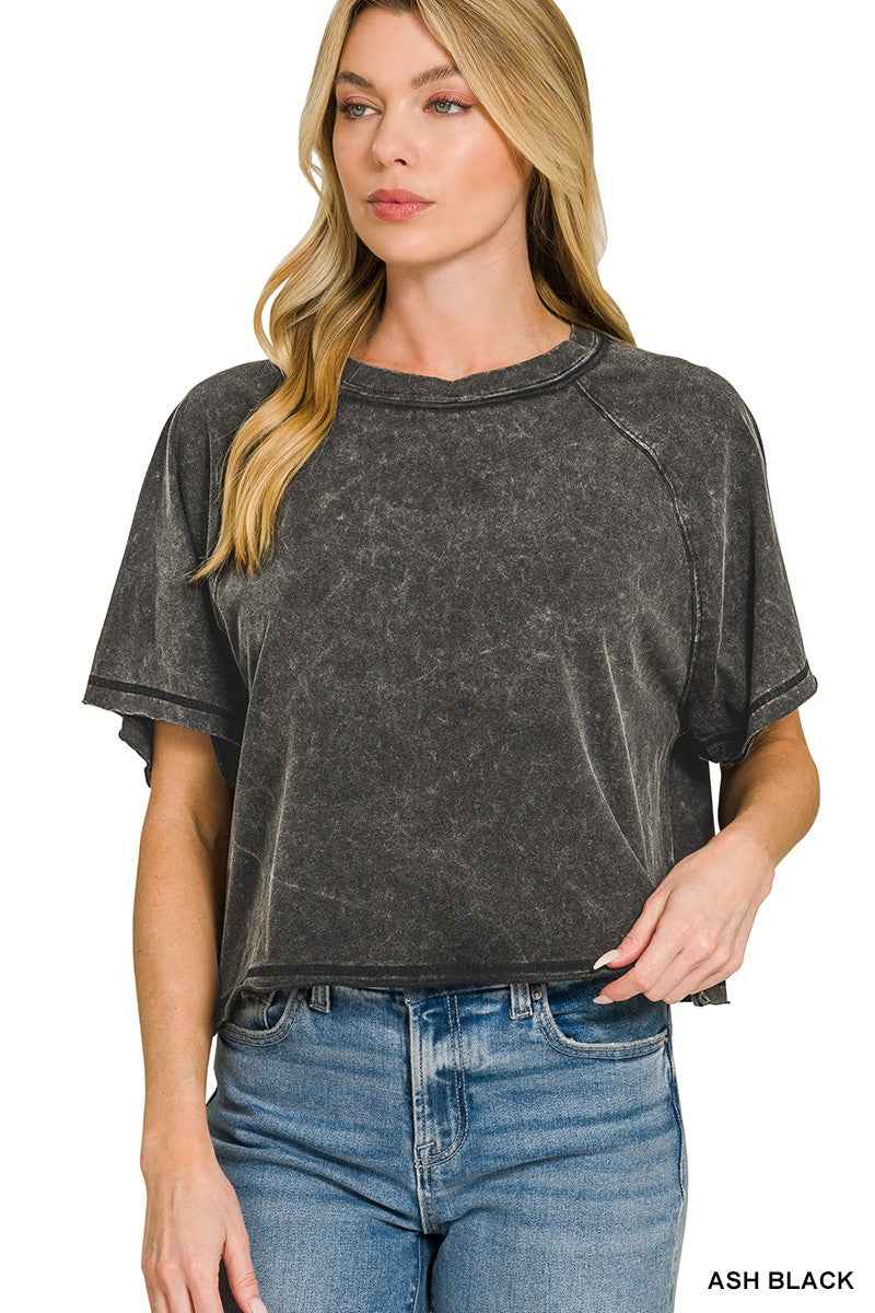 Acid Washed Round Neck Crop Tee - Trendy Casual Style Essential