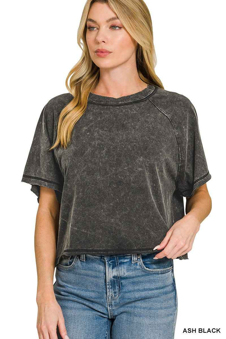 Acid Washed Round Neck Crop Tee - Trendy Casual Style Essential