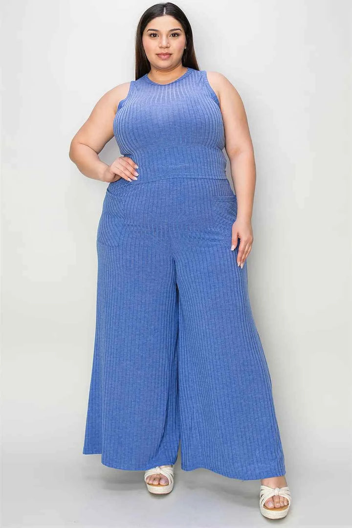 Full Size Ribbed Tank and Wide Leg Pants Set for Effortless Chic Style