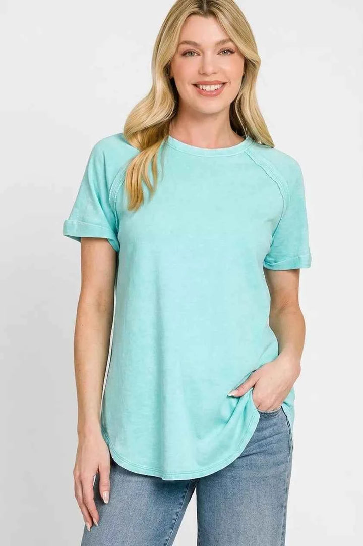 Zenana French Terry Washed Curved Hem Top