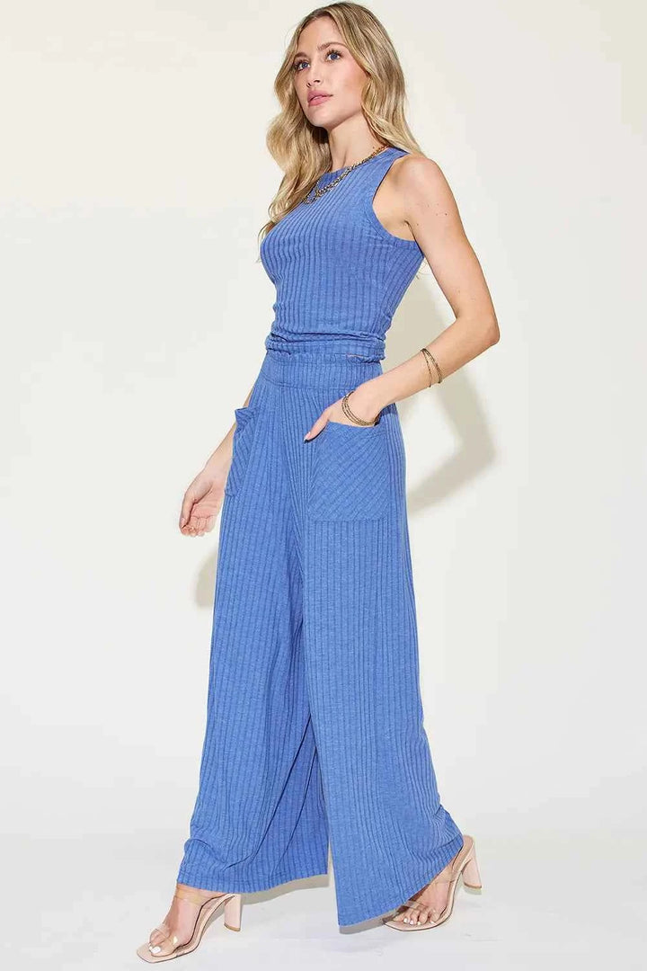 Full Size Ribbed Tank and Wide Leg Pants Set for Effortless Chic Style