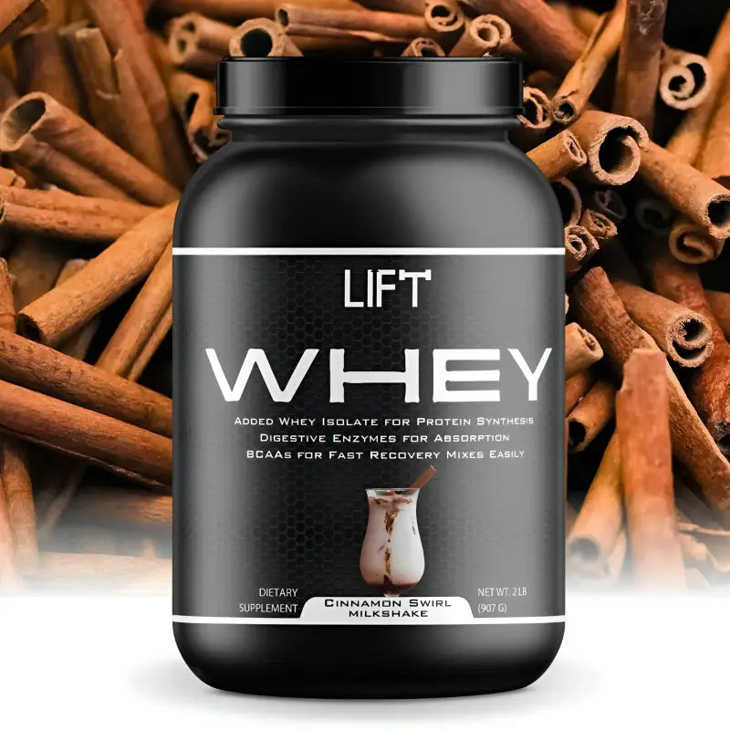 Black container of cinnamon swirl milkshake whey protein.