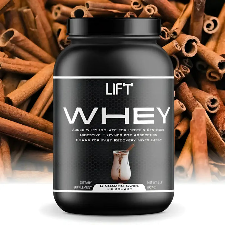Black container of cinnamon swirl milkshake whey protein.
