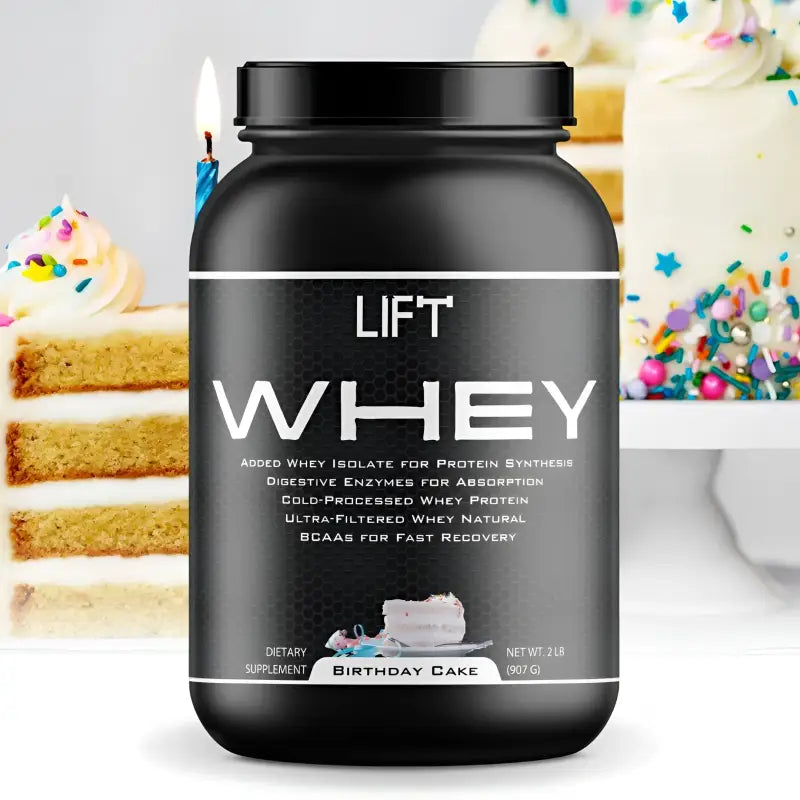 Black whey protein container.