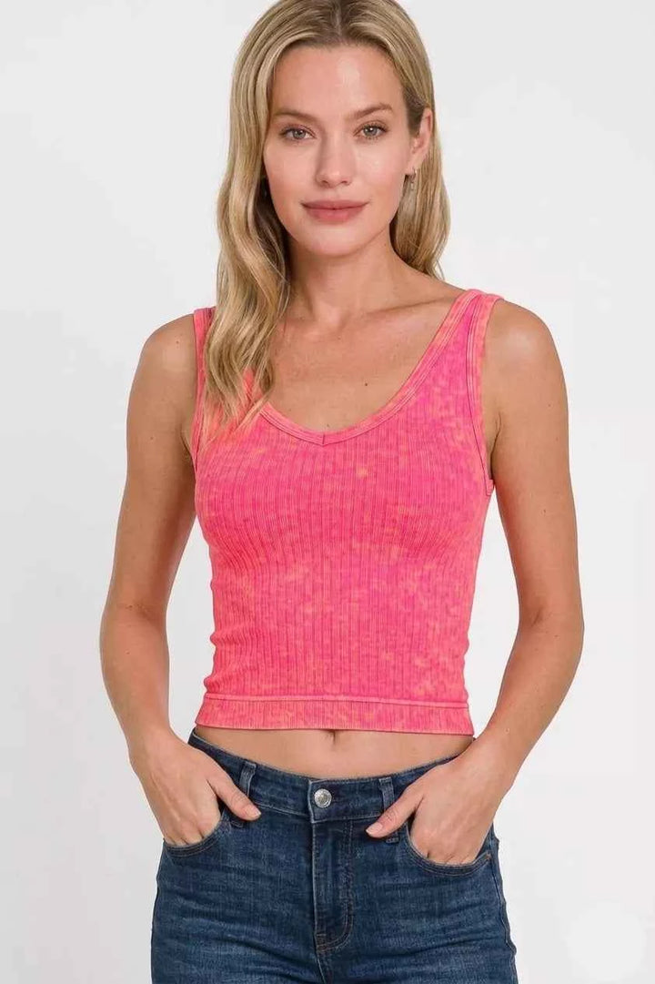 Zenana Washed Ribbed Seamless Cropped V-neck Tank Top