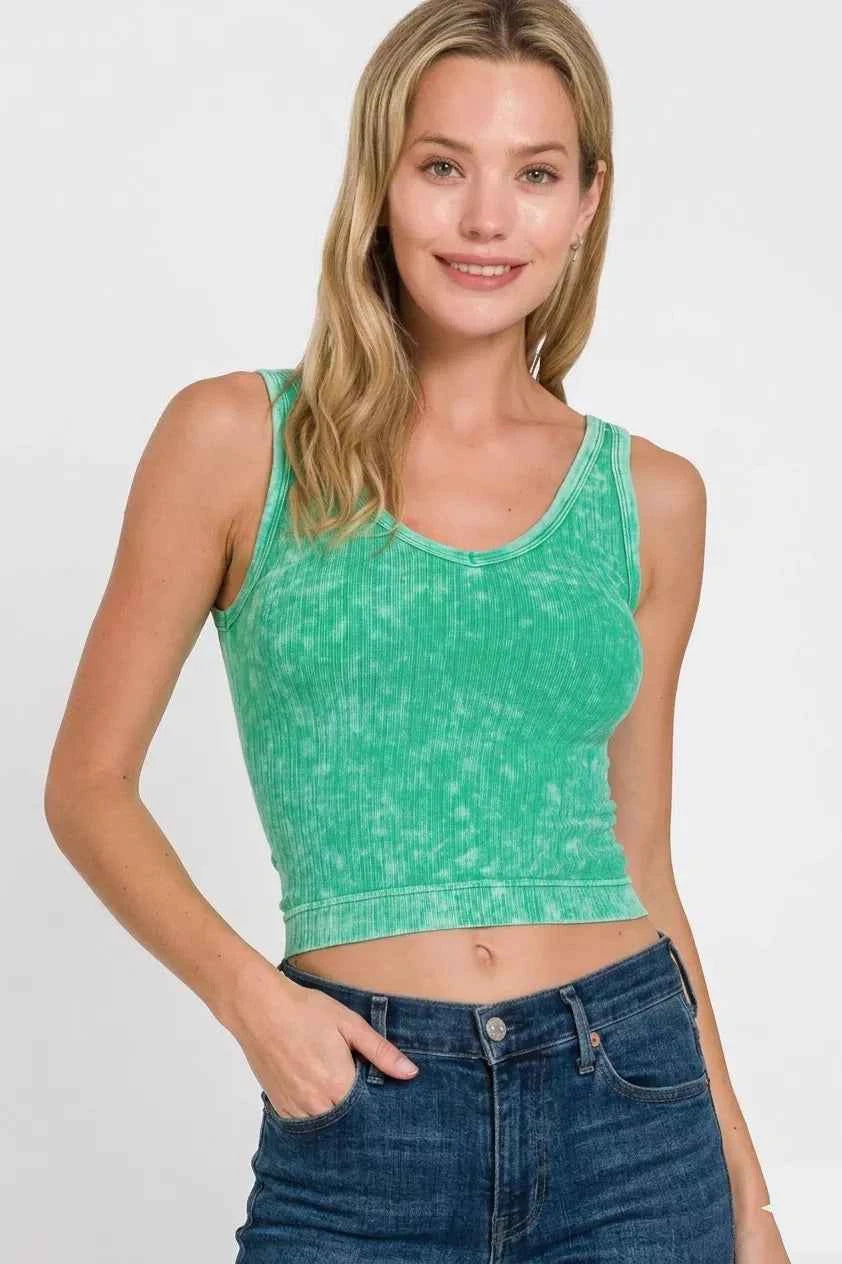 Zenana Washed Ribbed Seamless Cropped V-neck Tank Top