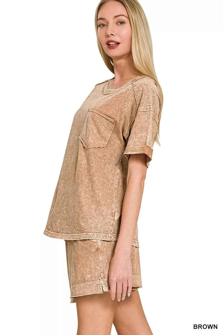 Zenana Halo Snow Washed Exposed Seam Top &amp; Shorts Set
