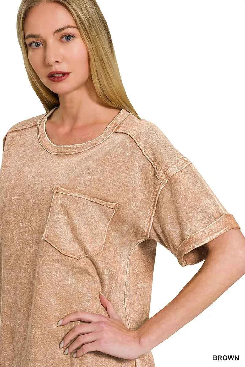 Zenana Halo Snow Washed Exposed Seam Top &amp; Shorts Set