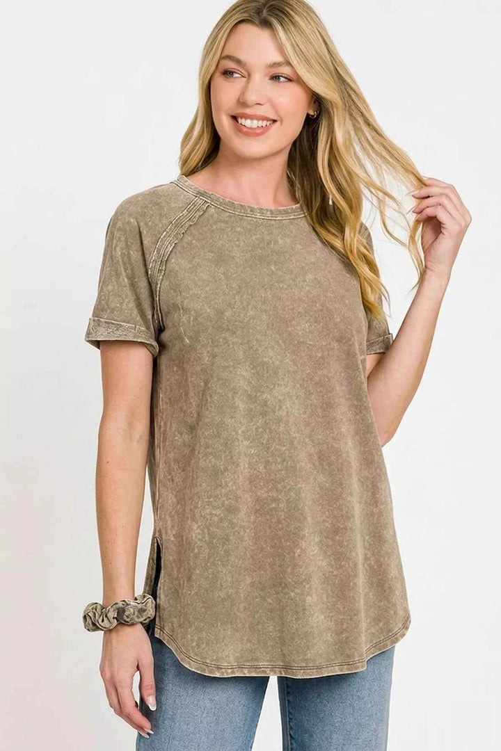 Zenana French Terry Washed Curved Hem Top