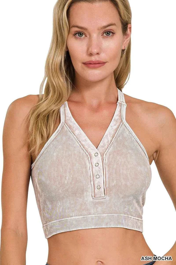 Zenana Washed Ribbed Seamless Button V-neck Tank Top