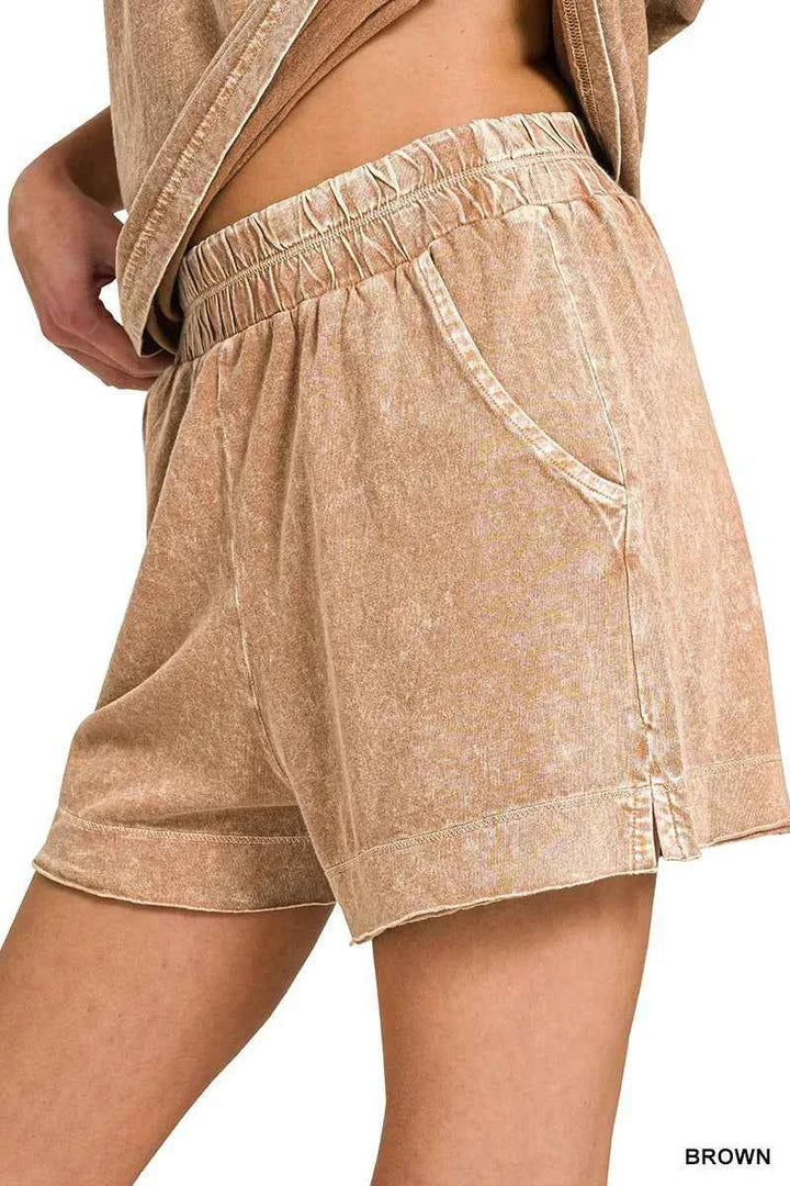 Zenana Halo Snow Washed Exposed Seam Top &amp; Shorts Set