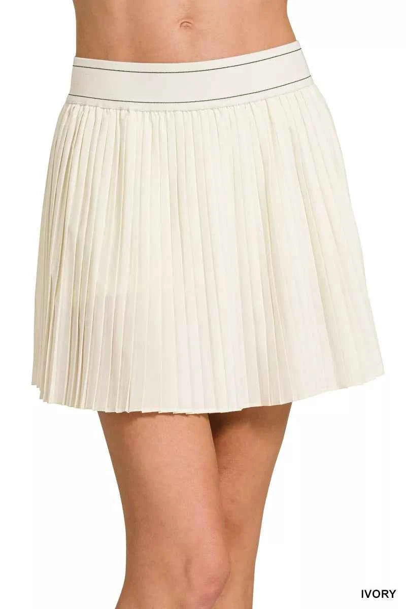Woven High Waist Knife-Pleat Mini Skirt Lined Inner Pants