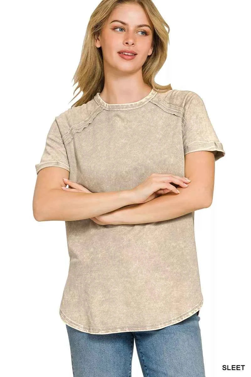Zenana French Terry Washed Curved Hem Top