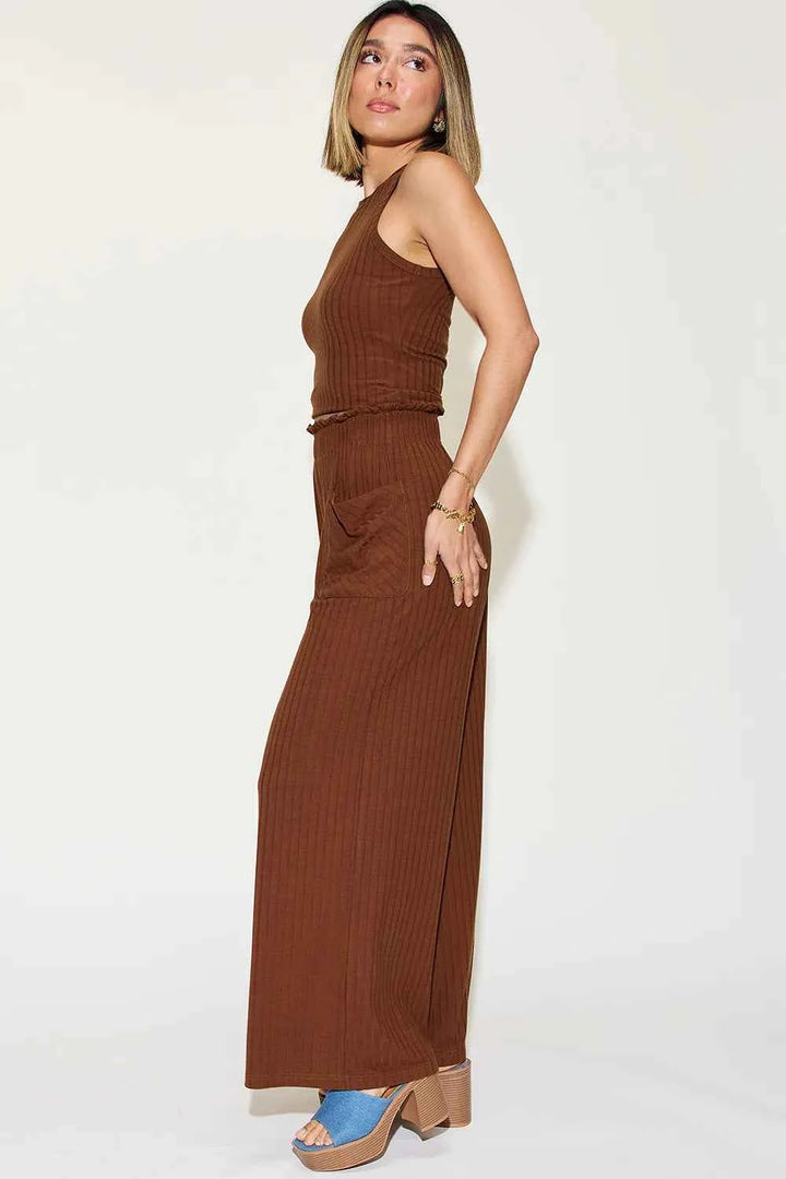 Full Size Ribbed Tank and Wide Leg Pants Set for Effortless Chic Style